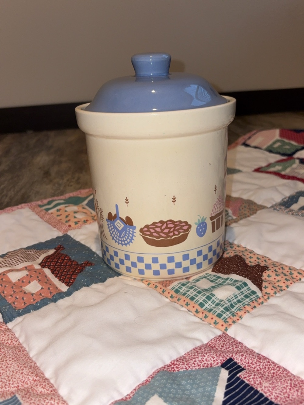 Ceramic Kitchen Canister with Blue Lid and Fruit Motif